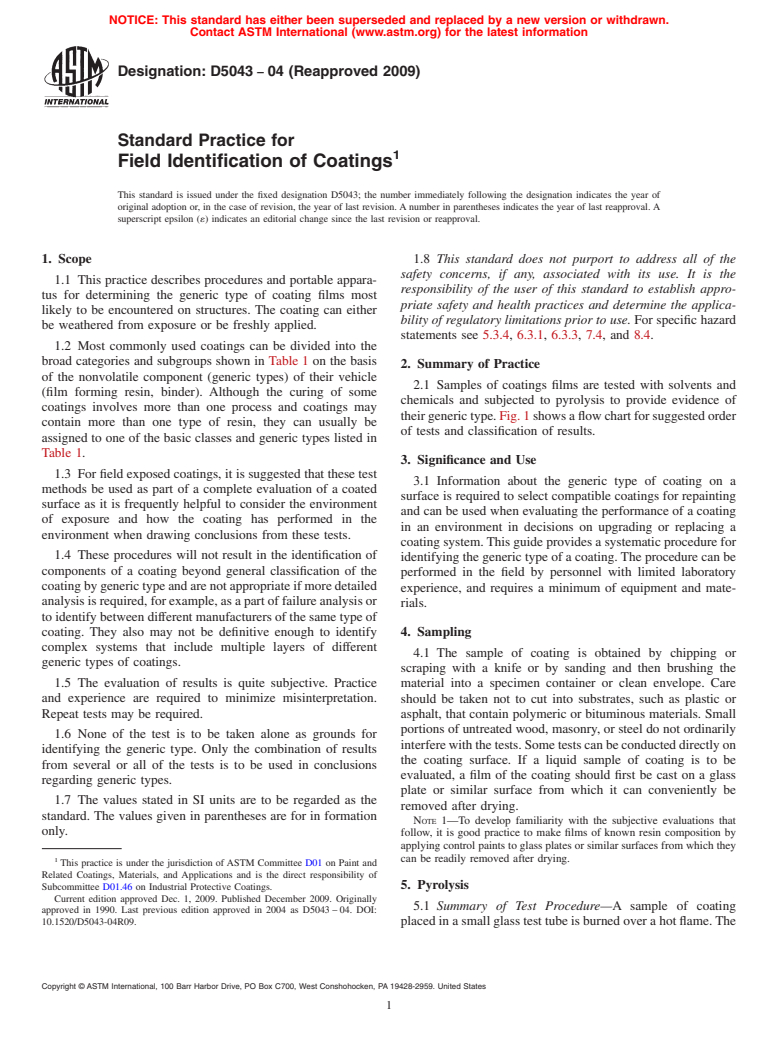 ASTM D5043-04(2009) - Standard Practice for Field Identification of Coatings (Withdrawn 2018)