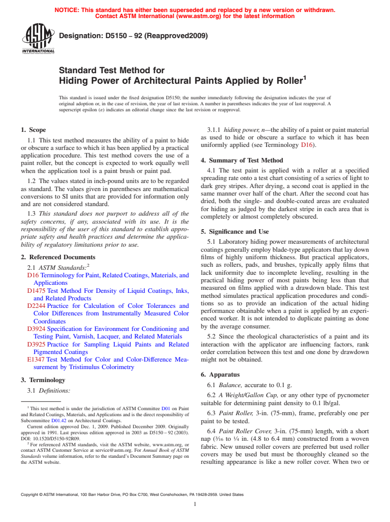 ASTM D5150-92(2009) - Standard Test Method for Hiding Power of Architectural Paints Applied by Roller