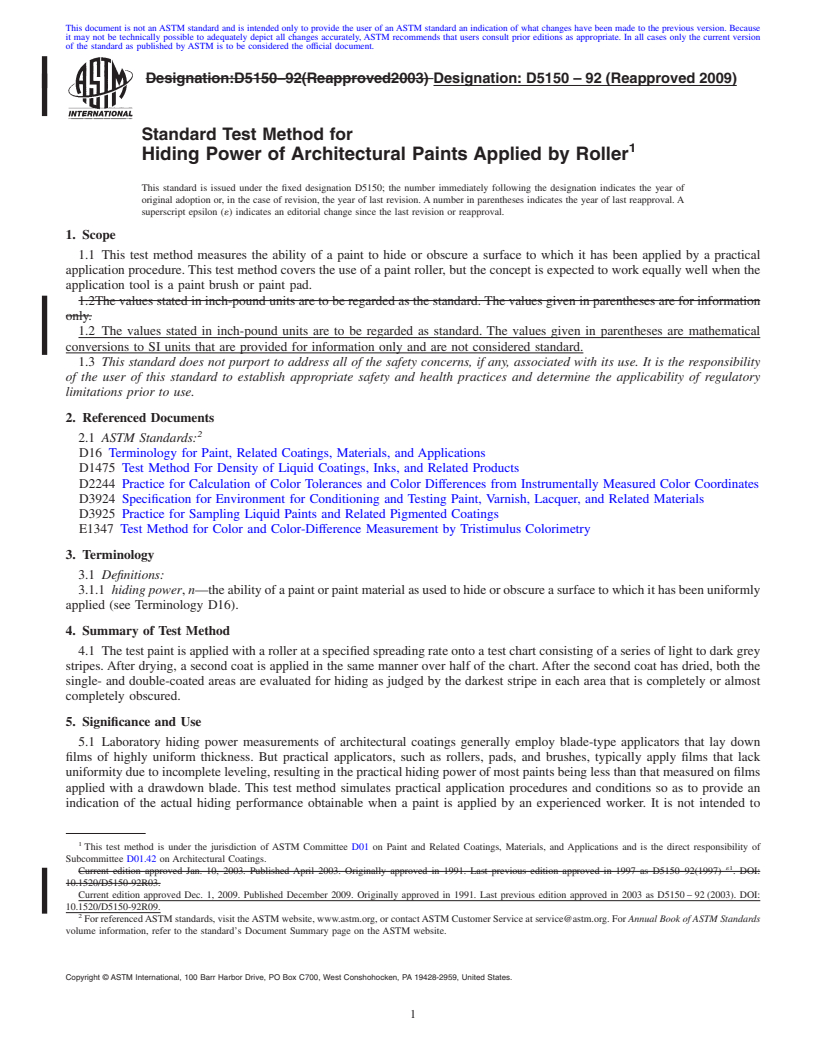 REDLINE ASTM D5150-92(2009) - Standard Test Method for Hiding Power of Architectural Paints Applied by Roller