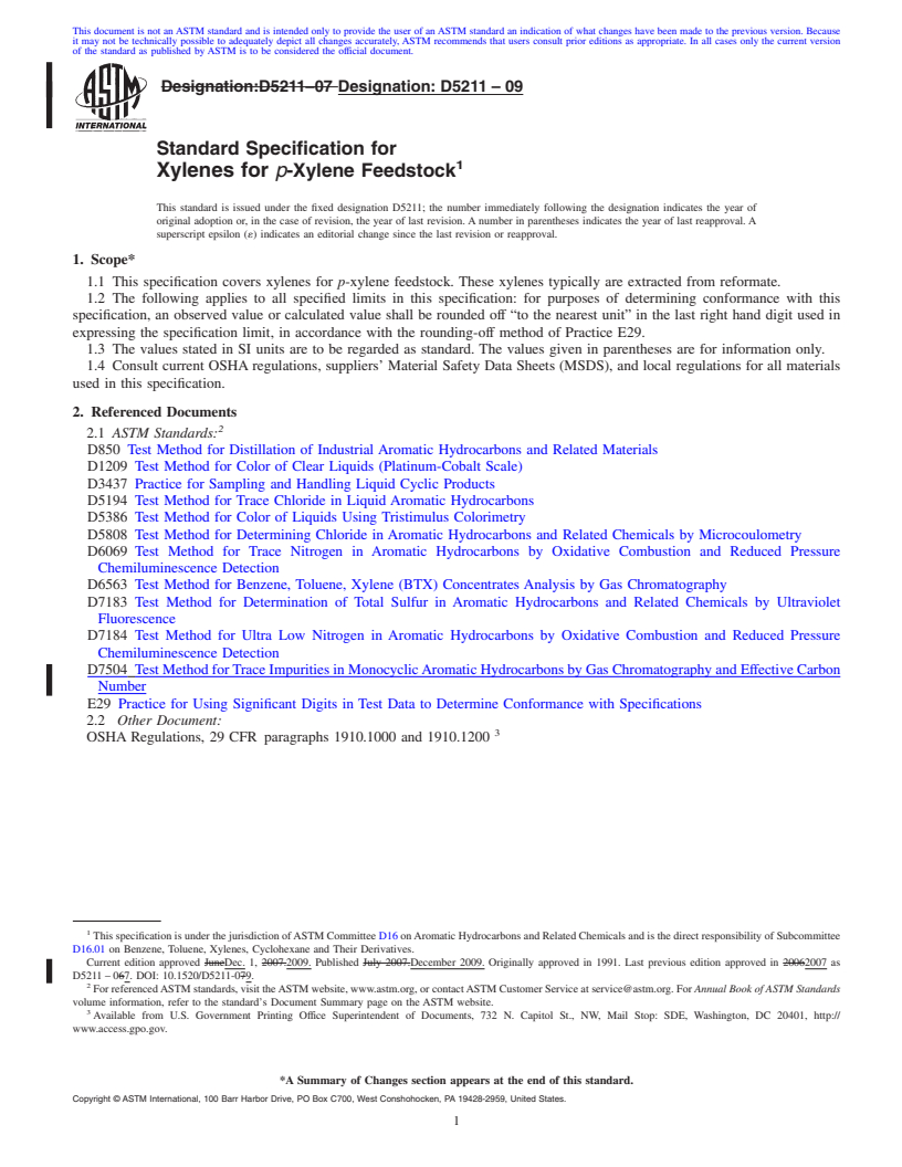 REDLINE ASTM D5211-09 - Standard Specification for Xylenes for <i>p</i>-Xylene Feedstock