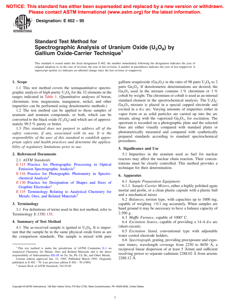 ASTM E402-95 - Standard Test Method for Spectrographic Analysis of Uranium Oxide (U<sub>3</sub>O<sub>8</sub>)by Gallium Oxide-Carrier Technique