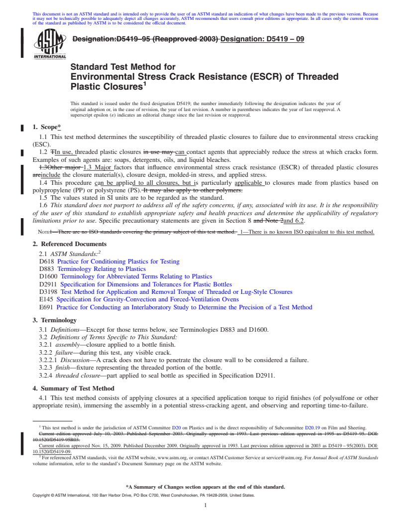 REDLINE ASTM D5419-09 - Standard Test Method for Environmental Stress Crack Resistance (ESCR) of Threaded Plastic Closures