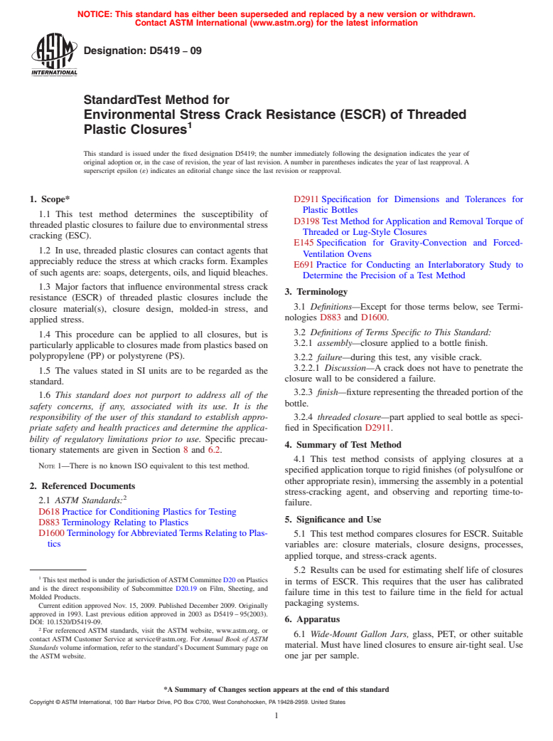 ASTM D5419-09 - Standard Test Method for Environmental Stress Crack Resistance (ESCR) of Threaded Plastic Closures