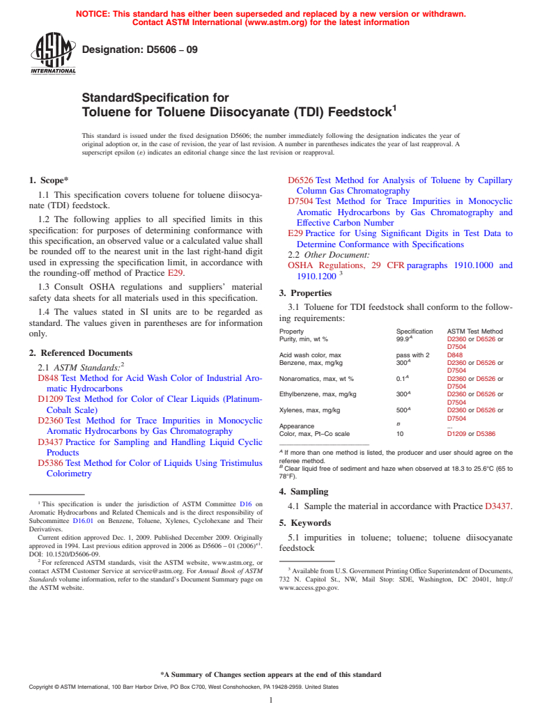 ASTM D5606-09 - Standard Specification for Toluene for Toluene Diisocyanate (TDI) Feedstock