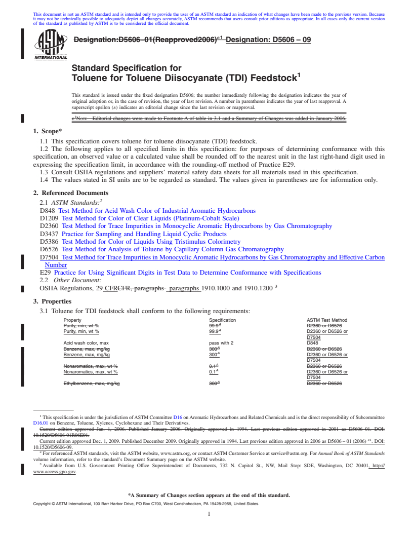 REDLINE ASTM D5606-09 - Standard Specification for Toluene for Toluene Diisocyanate (TDI) Feedstock