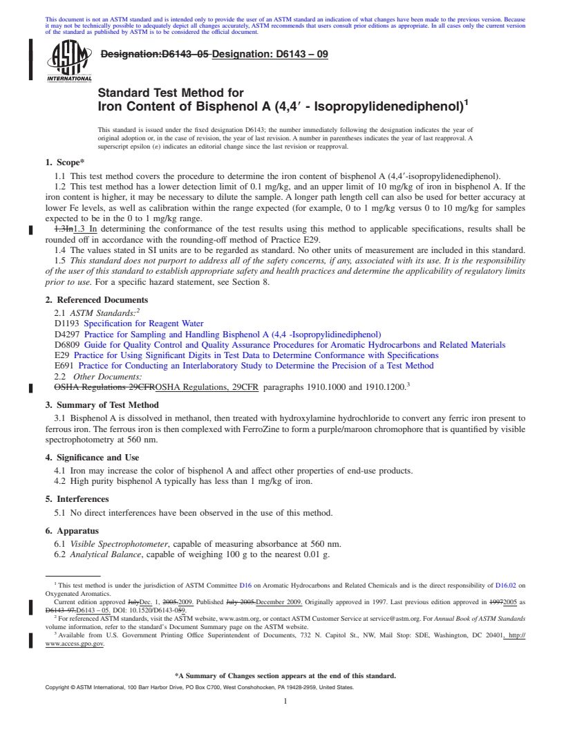 REDLINE ASTM D6143-09 - Standard Test Method for Iron Content of Bisphenol A (4,4&#180; - Isopropylidenediphenol)