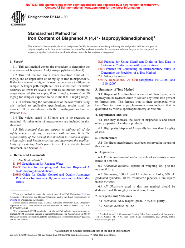 ASTM D6143-09 - Standard Test Method for Iron Content of Bisphenol A (4,4&#180; - Isopropylidenediphenol)