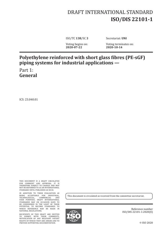 ISO/DTS 22101-1.3 - Polyethylene reinforced with short glass fibres (PE-sGF) piping systems for industrial applications