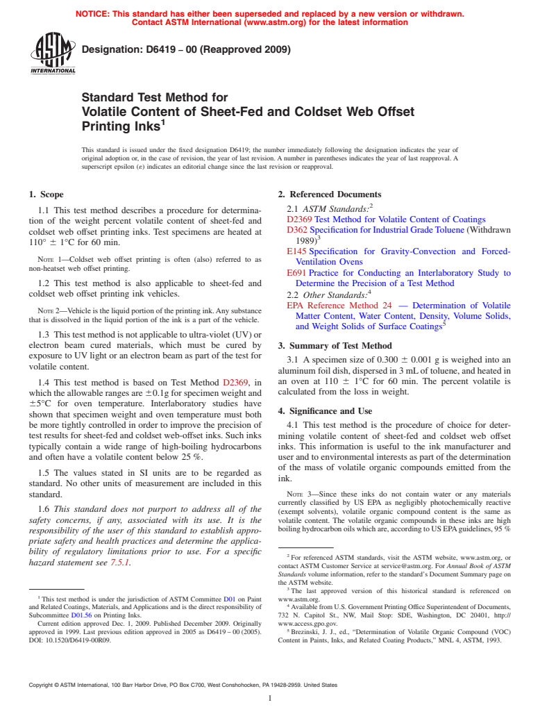 ASTM D6419-00(2009) - Standard Test Method for Volatile Content of Sheet-Fed and Coldset Web Offset Printing Inks