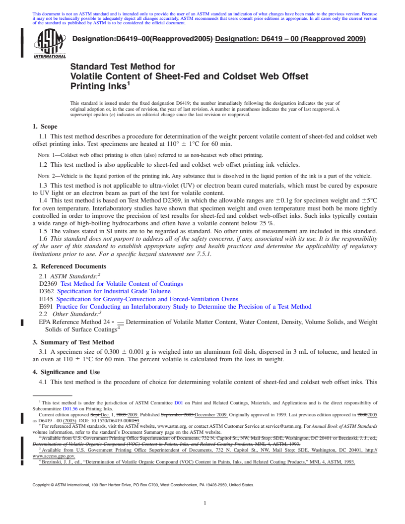 REDLINE ASTM D6419-00(2009) - Standard Test Method for Volatile Content of Sheet-Fed and Coldset Web Offset Printing Inks