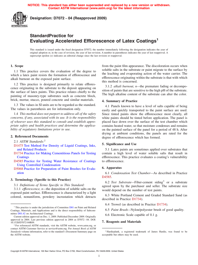 ASTM D7072-04(2009) - Standard Practice for Evaluating Accelerated Efflorescence of Latex Coatings