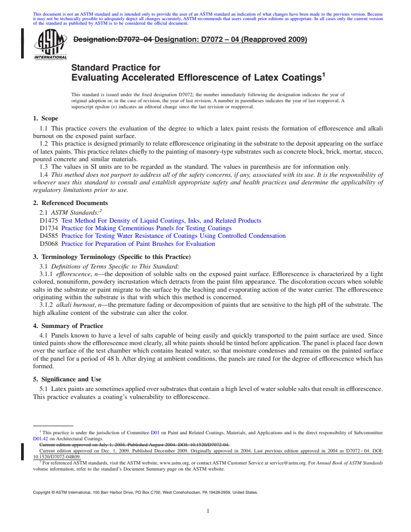 REDLINE ASTM D7072-04(2009) - Standard Practice for Evaluating Accelerated Efflorescence of Latex Coatings