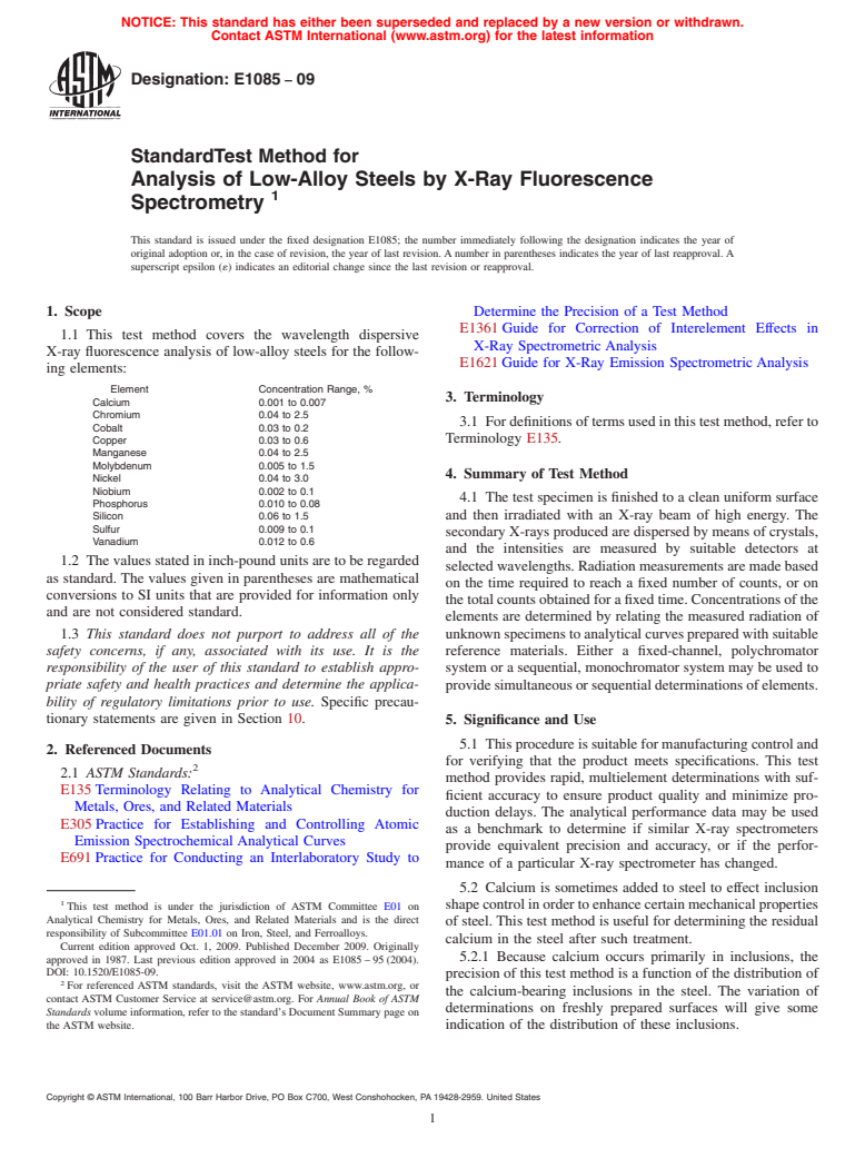 ASTM E1085-09 - Standard Test Method for  Analysis of Low-Alloy Steels by X-Ray Fluorescence Spectrometry