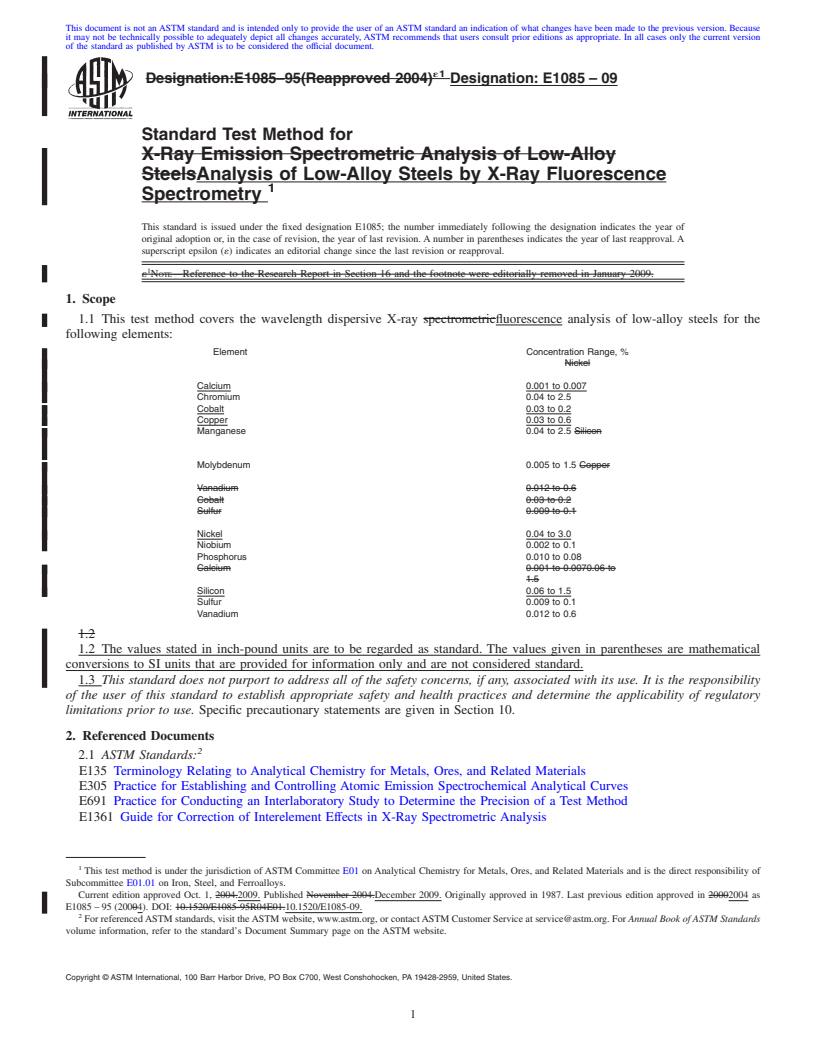 REDLINE ASTM E1085-09 - Standard Test Method for  Analysis of Low-Alloy Steels by X-Ray Fluorescence Spectrometry