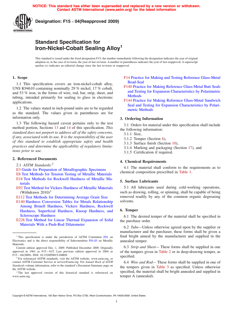 ASTM F15-04(2009) - Standard Specification for Iron-Nickel-Cobalt Sealing Alloy