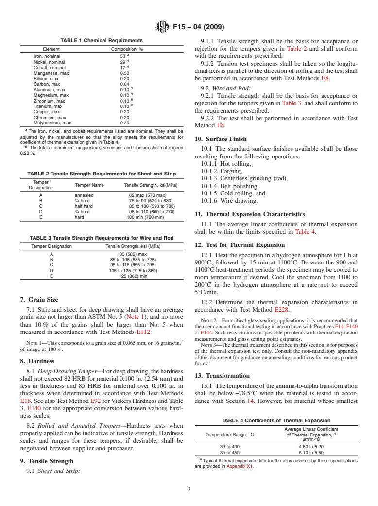 ASTM F15-04(2009) - Standard Specification for Iron-Nickel-Cobalt Sealing Alloy