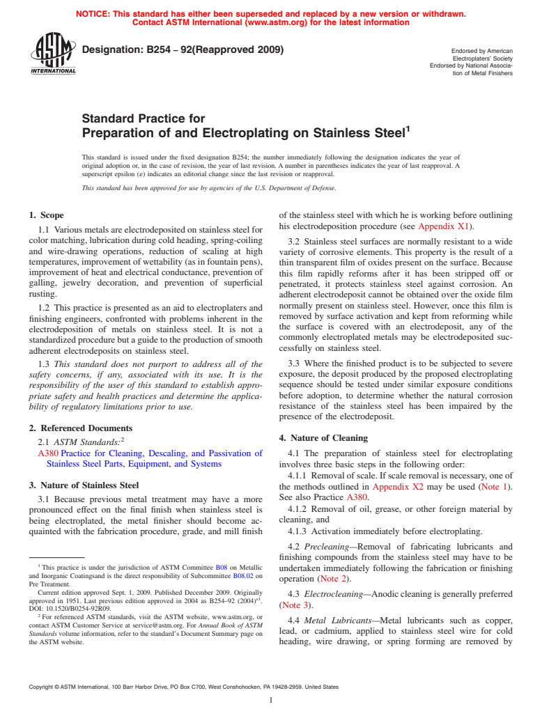 ASTM B254-92(2009) - Standard Practice for Preparation of and Electroplating on Stainless Steel