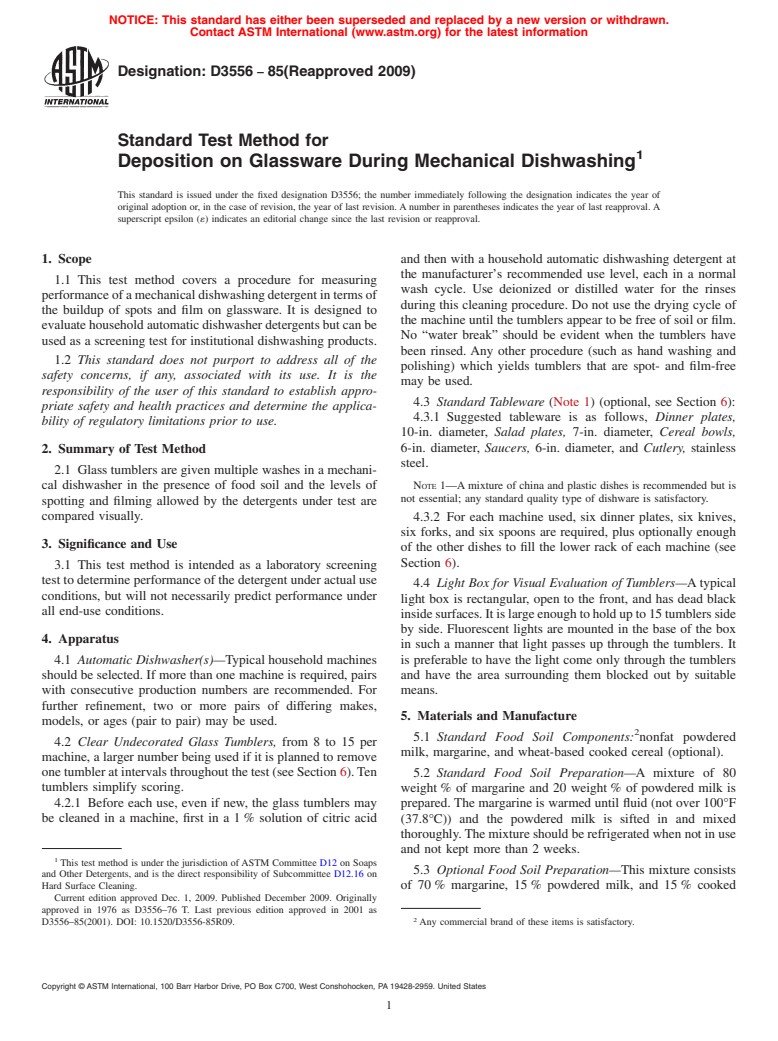 ASTM D3556-85(2009) - Standard Test Method for Deposition on Glassware During Mechanical Dishwashing