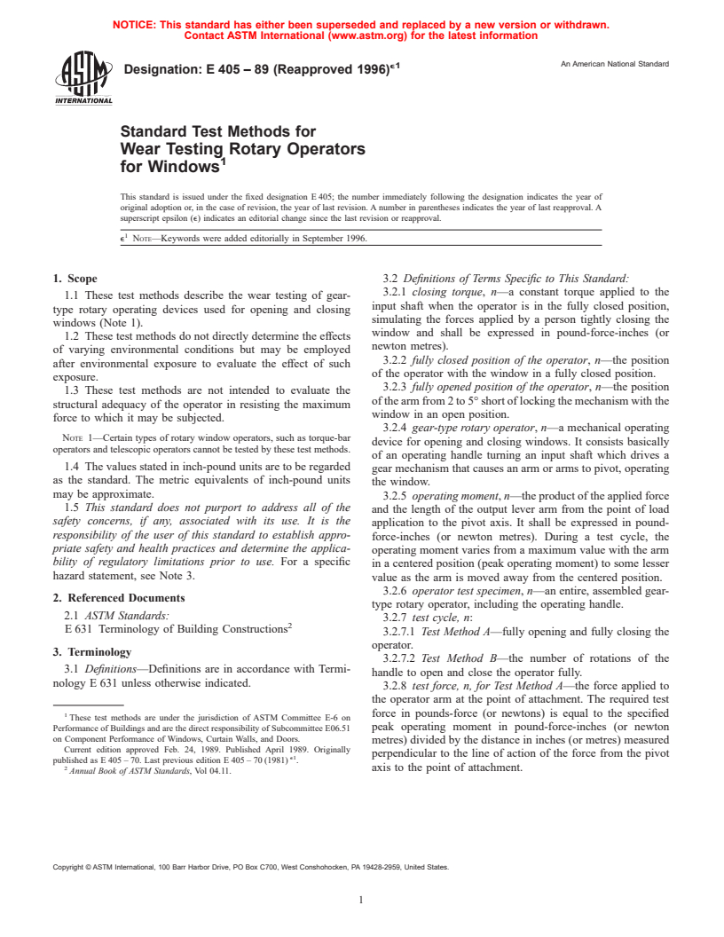 ASTM E405-89(1996)e1 - Standard Test Methods for Wear Testing Rotary Operators for Windows