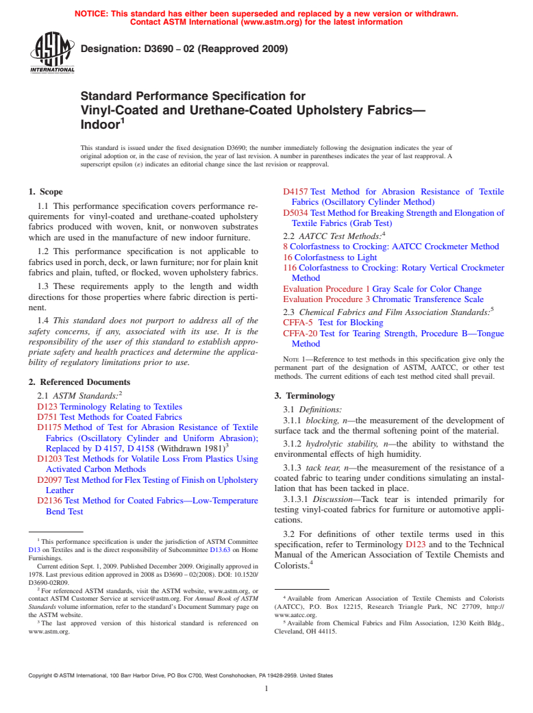 ASTM D3690-02(2009) - Standard Performance Specification for Vinyl-Coated and Urethane-Coated Upholstery Fabrics-Indoor (Withdrawn 2018)