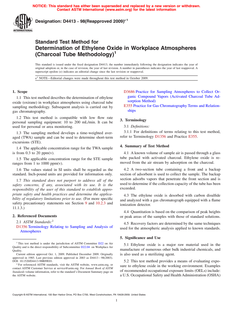 ASTM D4413-98(2009)e1 - Standard Test Method for Determination of Ethylene Oxide in Workplace Atmospheres (Charcoal Tube Methodology) (Withdrawn 2014)