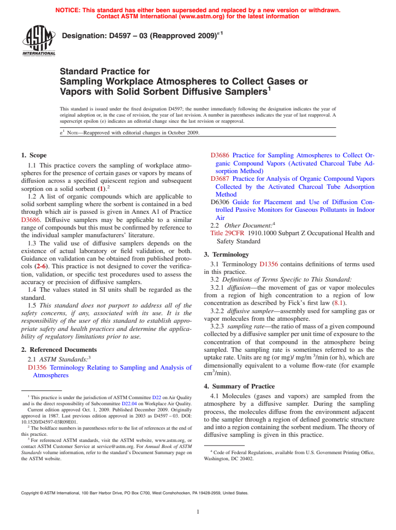 ASTM D4597-03(2009)e1 - Standard Practice for Sampling Workplace Atmospheres to Collect Gases or Vapors with Solid Sorbent Diffusive Samplers