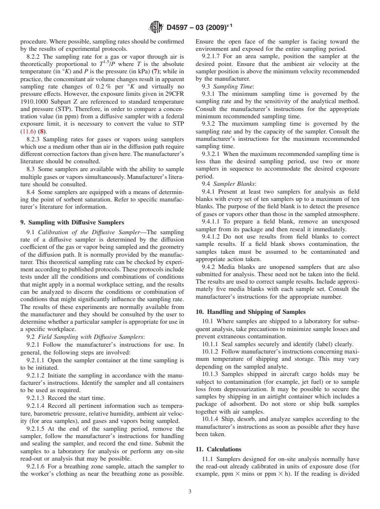 ASTM D4597-03(2009)e1 - Standard Practice for Sampling Workplace Atmospheres to Collect Gases or Vapors with Solid Sorbent Diffusive Samplers