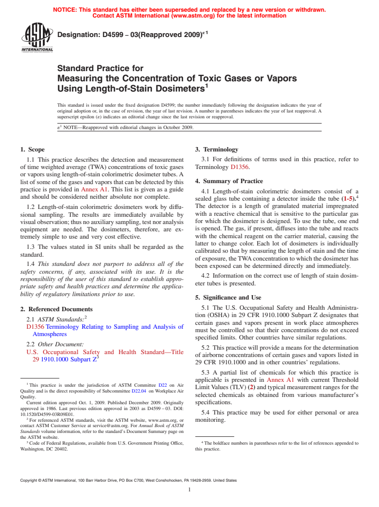 ASTM D4599-03(2009)e1 - Standard Practice for Measuring the Concentration of Toxic Gases or Vapors Using Length-of-Stain Dosimeters