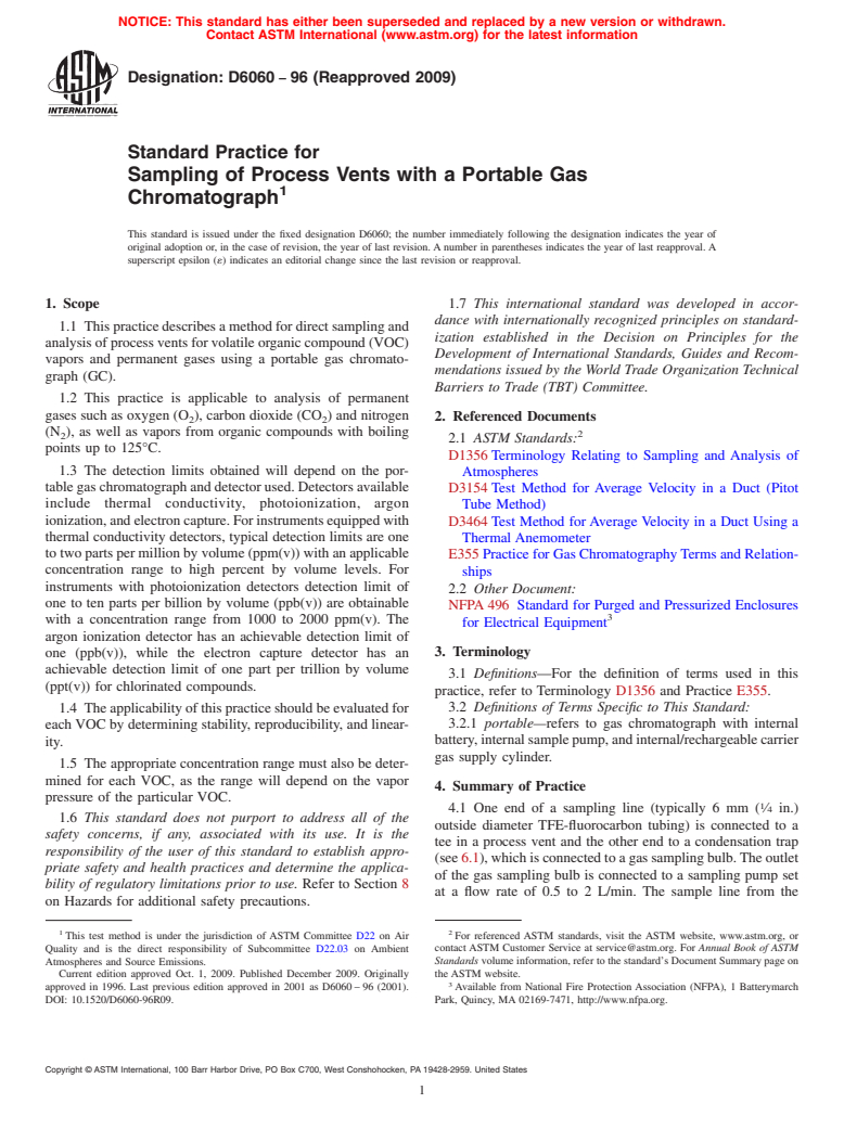 ASTM D6060-96(2009) - Standard Practice for Sampling of Process Vents With a Portable Gas Chromatograph