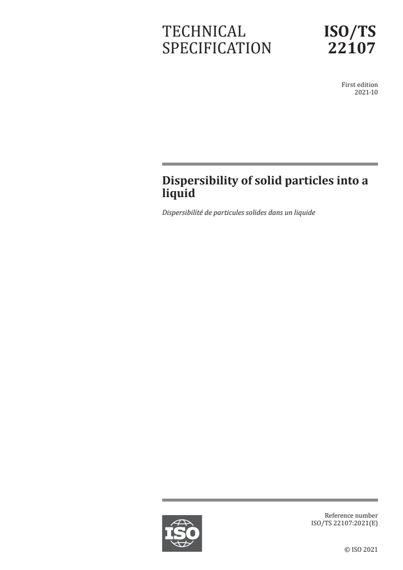 ISO/TS 22107:2021 - Dispersibility of solid particles into a liquid
Released:10/13/2021