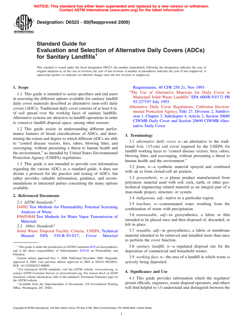 ASTM D6523-00(2009) - Standard Guide for Evaluation and Selection of Alternative Daily Covers (ADCs) for Sanitary Landfills