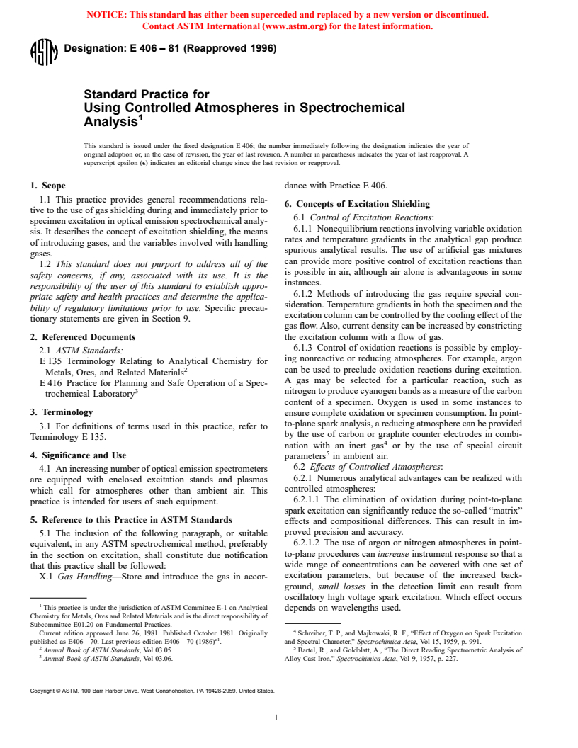 ASTM E406-81(1996) - Standard Practice for Using Controlled Atmospheres in Spectrochemical Analysis