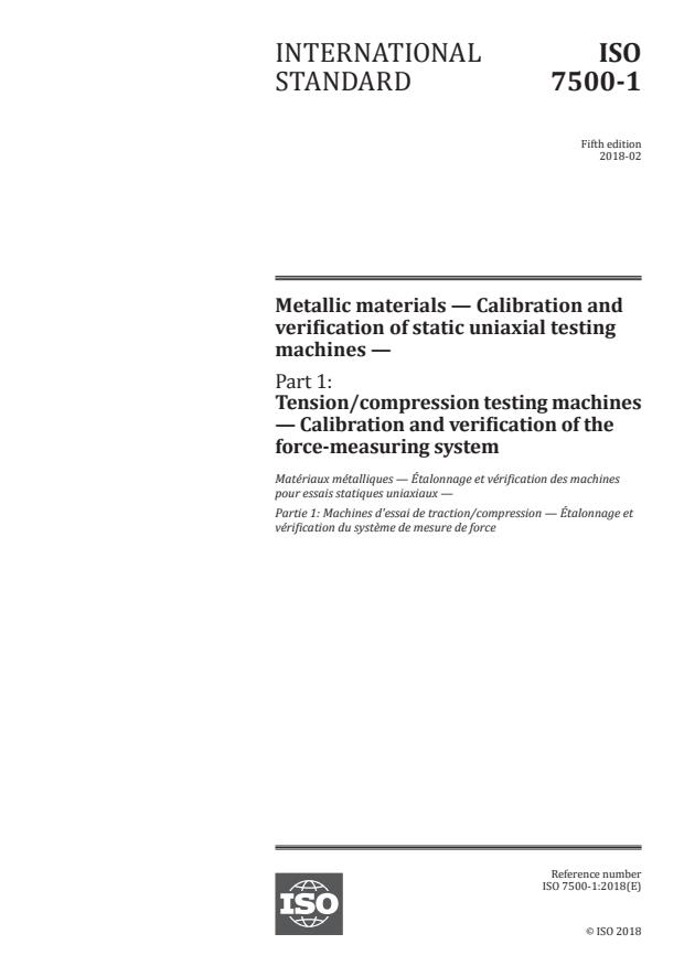 ISO 7500-1:2018 - Metallic materials -- Calibration and verification of static uniaxial testing machines