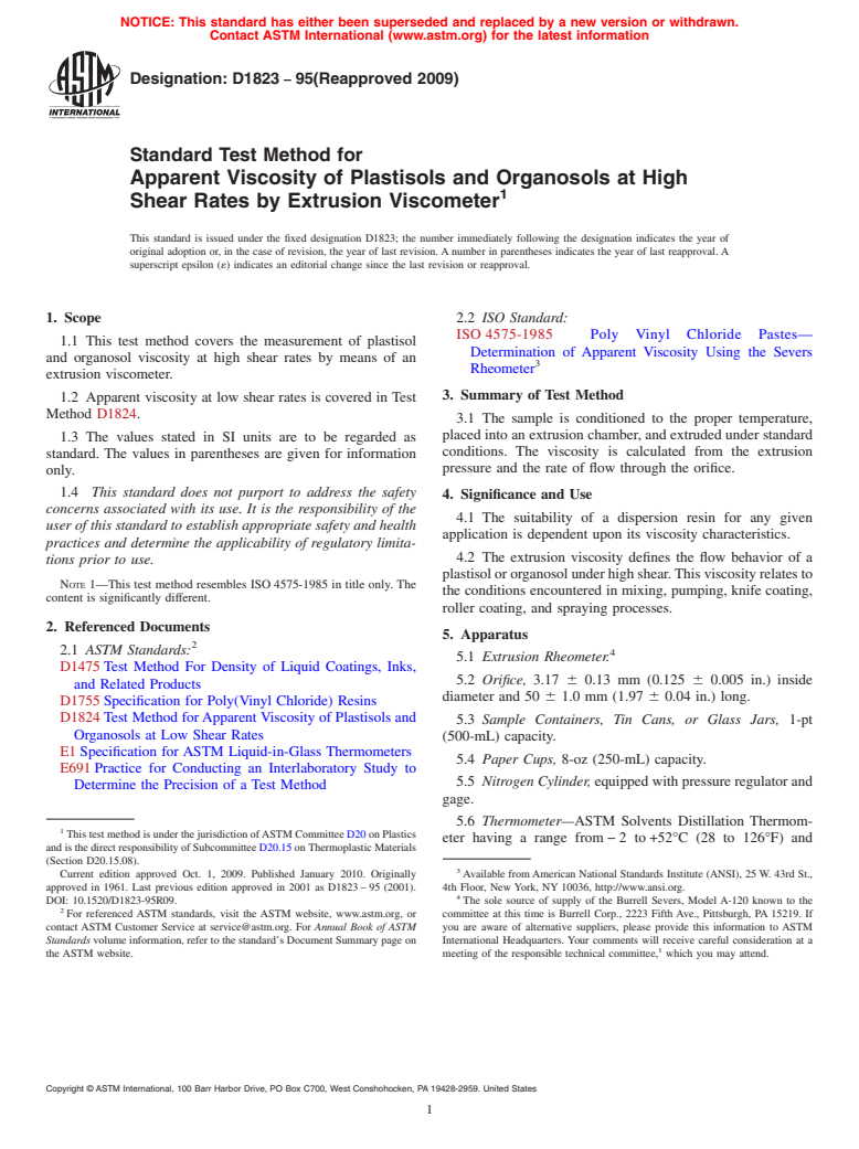 ASTM D1823-95(2009) - Standard Test Method for Apparent Viscosity of Plastisols and Organosols at High Shear Rates by Extrusion Viscometer