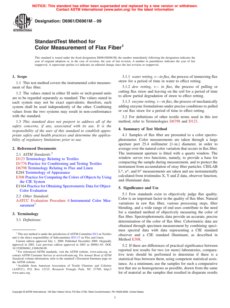 ASTM D6961/D6961M-09 - Standard Test Method for Color Measurement of Flax Fiber