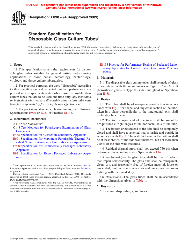 ASTM E890-94(2009) - Standard Specification for Disposable Glass Culture Tubes