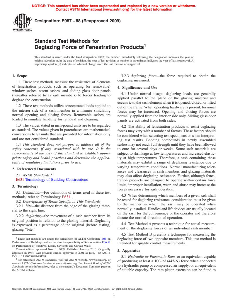 ASTM E987-88(2009) - Standard Test Methods for Deglazing Force of Fenestration Products