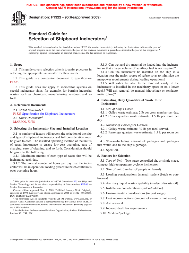 ASTM F1322-90(2009) - Standard Guide for Selection of Shipboard Incinerators