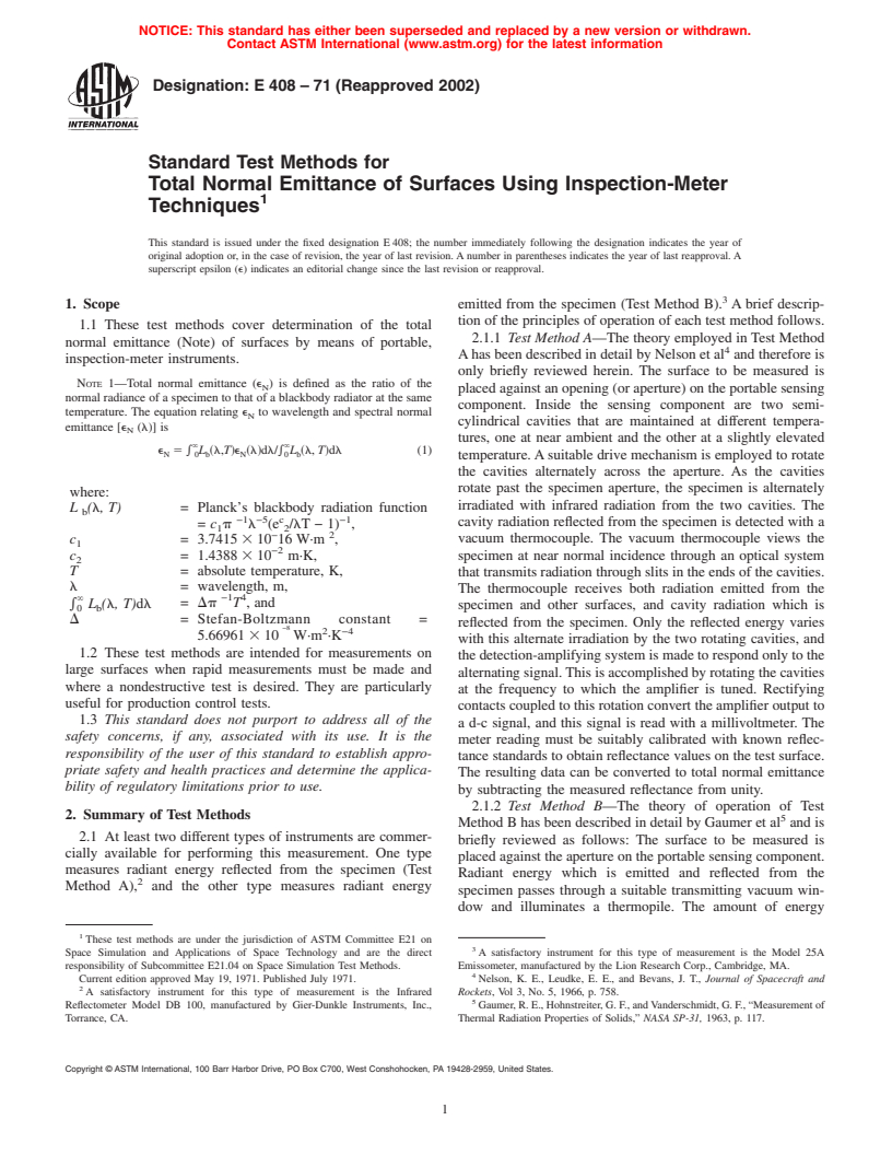 ASTM E408-71(2002) - Standard Test Methods for Total Normal Emittance of Surfaces Using Inspection-Meter Techniques