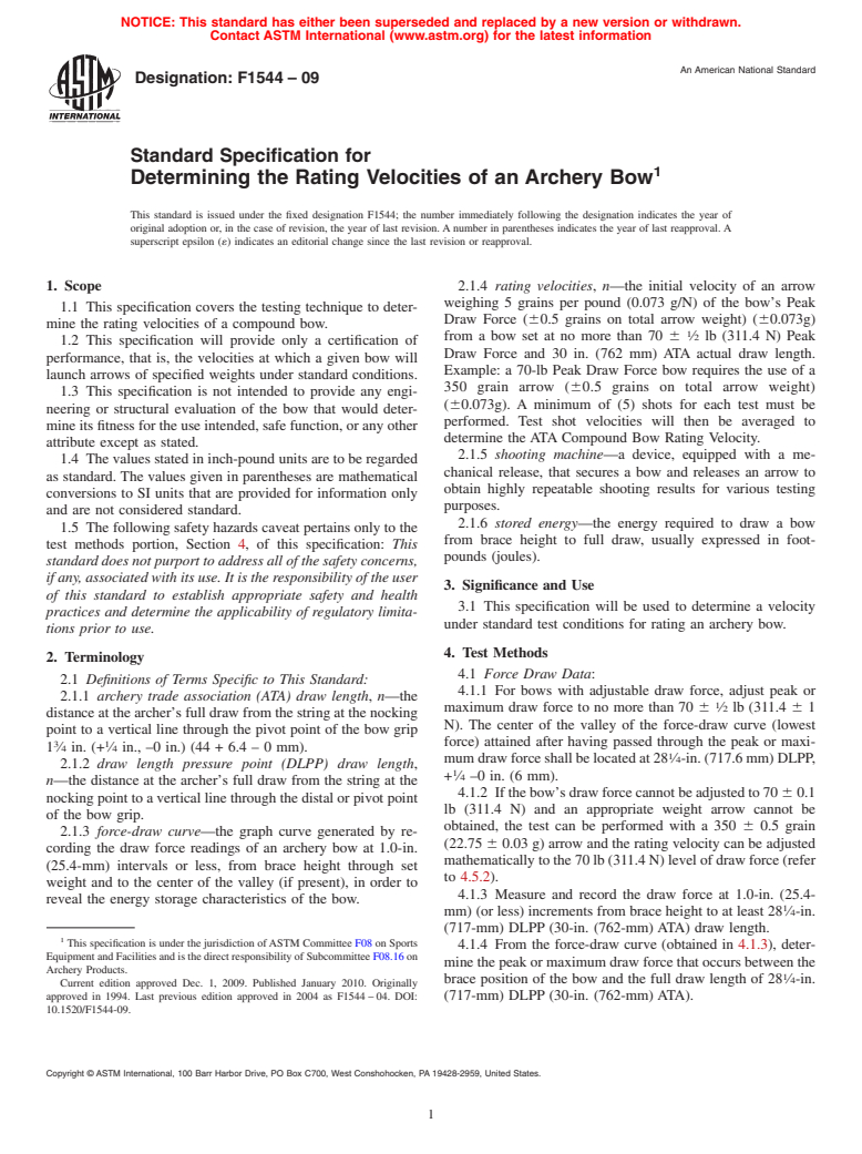 ASTM F1544-09 - Standard Specification for Determining the Rating Velocities of an Archery Bow