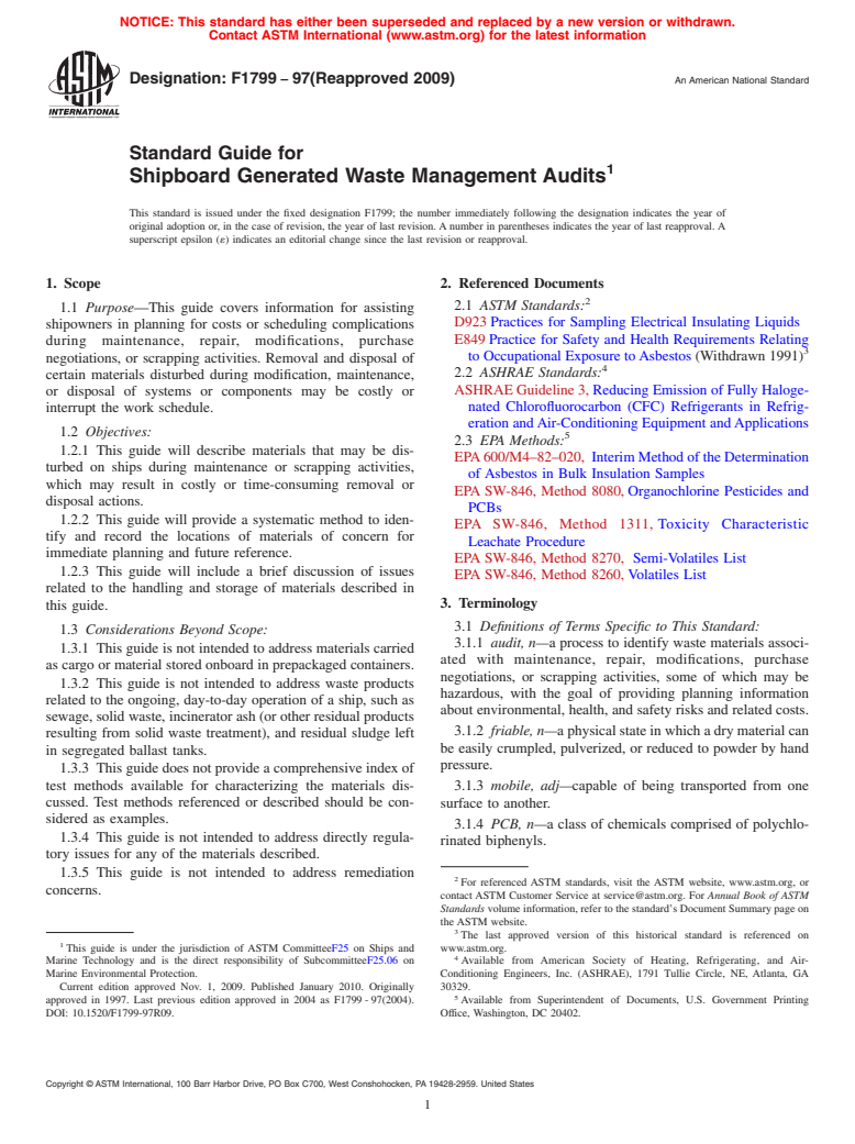 ASTM F1799-97(2009) - Standard Guide for Shipboard Generated Waste Management Audits