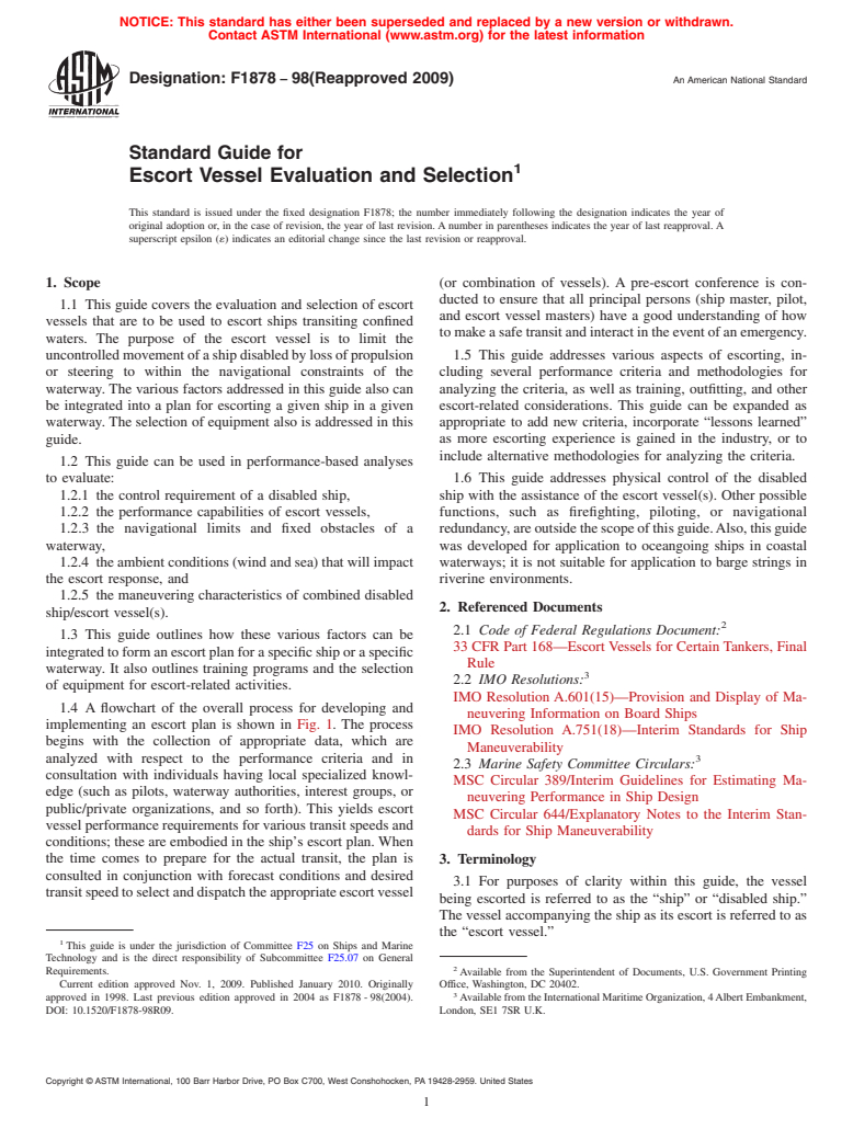 ASTM F1878-98(2009) - Standard Guide for Escort Vessel Evaluation and Selection