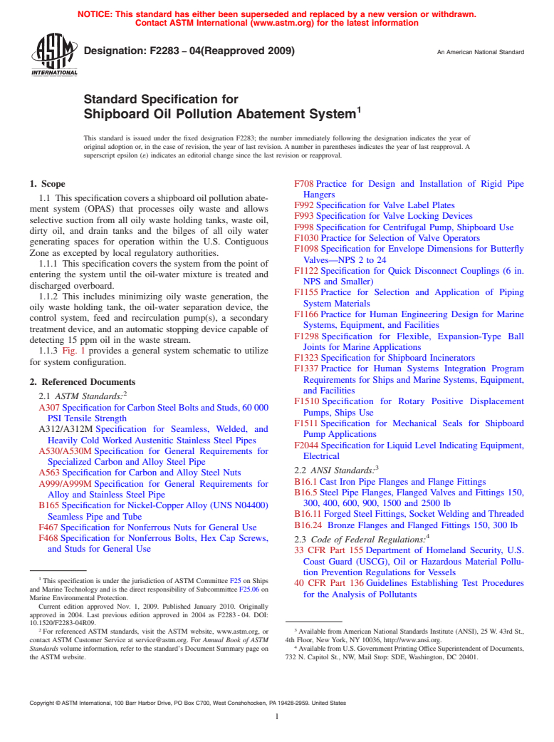 ASTM F2283-04(2009) - Standard Specification for Shipboard Oil Pollution Abatement System