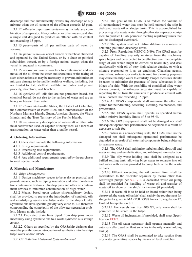 ASTM F2283-04(2009) - Standard Specification for Shipboard Oil Pollution Abatement System