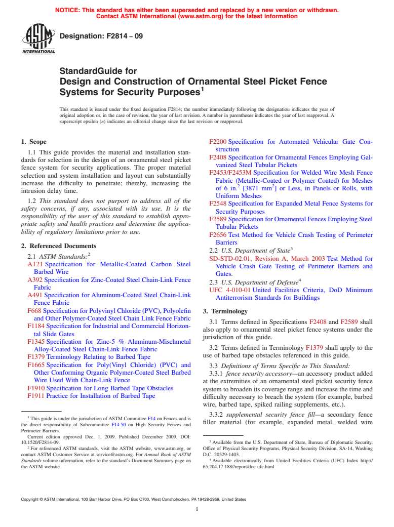 ASTM F2814-09 - Standard Guide for Design and Construction of Ornamental Steel Picket Fence Systems for Security Purposes