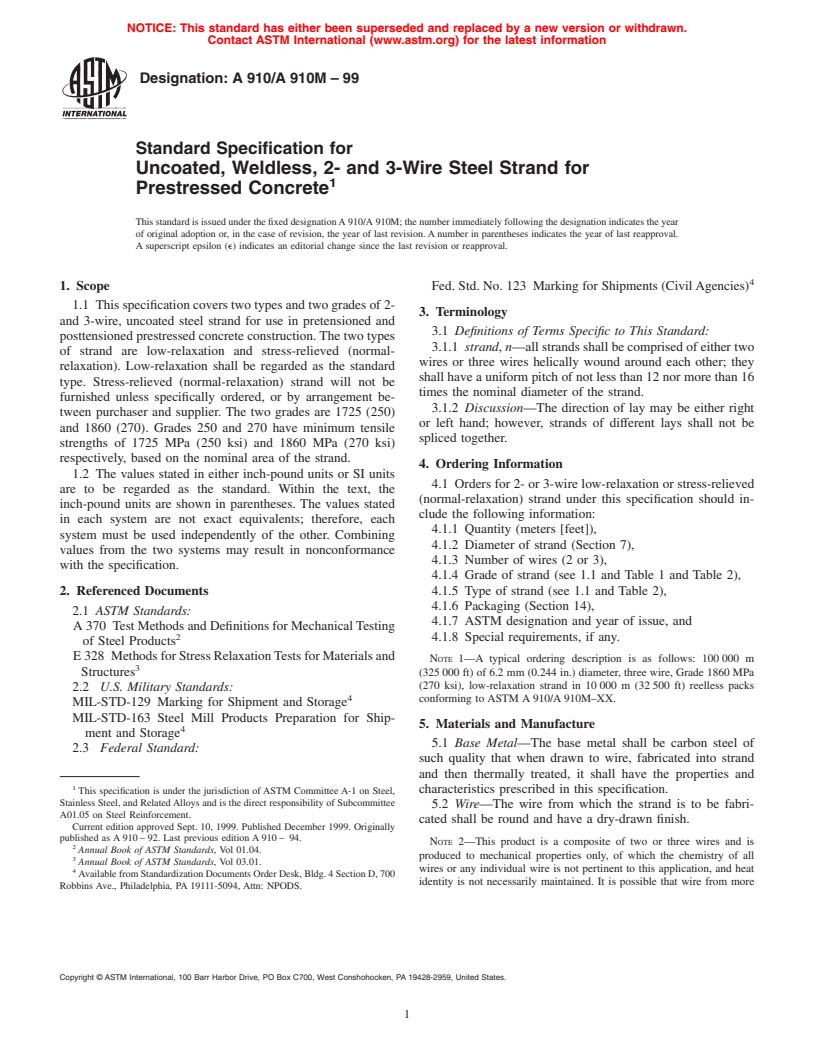 ASTM A910/A910M-99 - Standard Specification for Uncoated, Weldless, 2- and 3-Wire Steel Strand for Prestressed Concrete