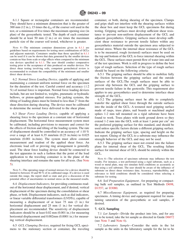 ASTM D6243-09 - Standard Test Method for Determining the Internal and Interface Shear Resistance of Geosynthetic Clay Liner by the Direct Shear Method