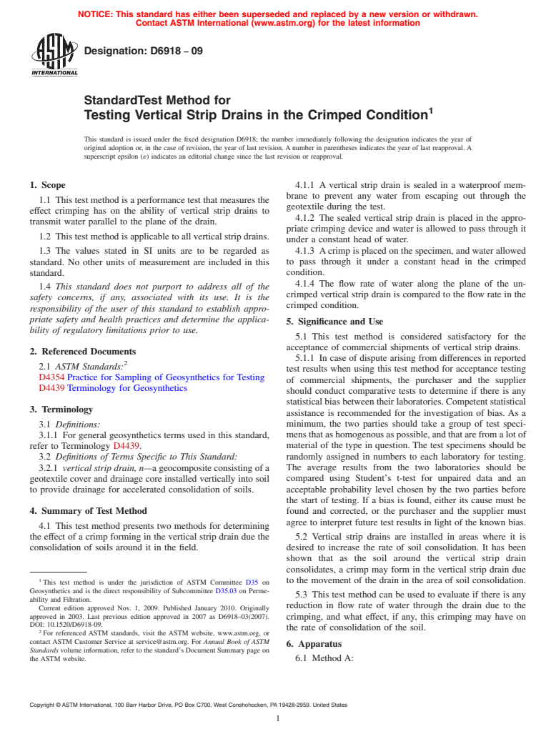 ASTM D6918-09 - Standard Test Method for Testing Vertical Strip Drains in the Crimped Condition