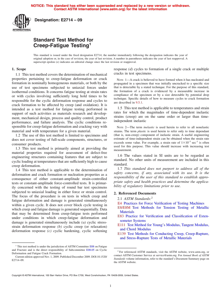 ASTM E2714-09 - Standard Test Method for Creep-Fatigue Testing