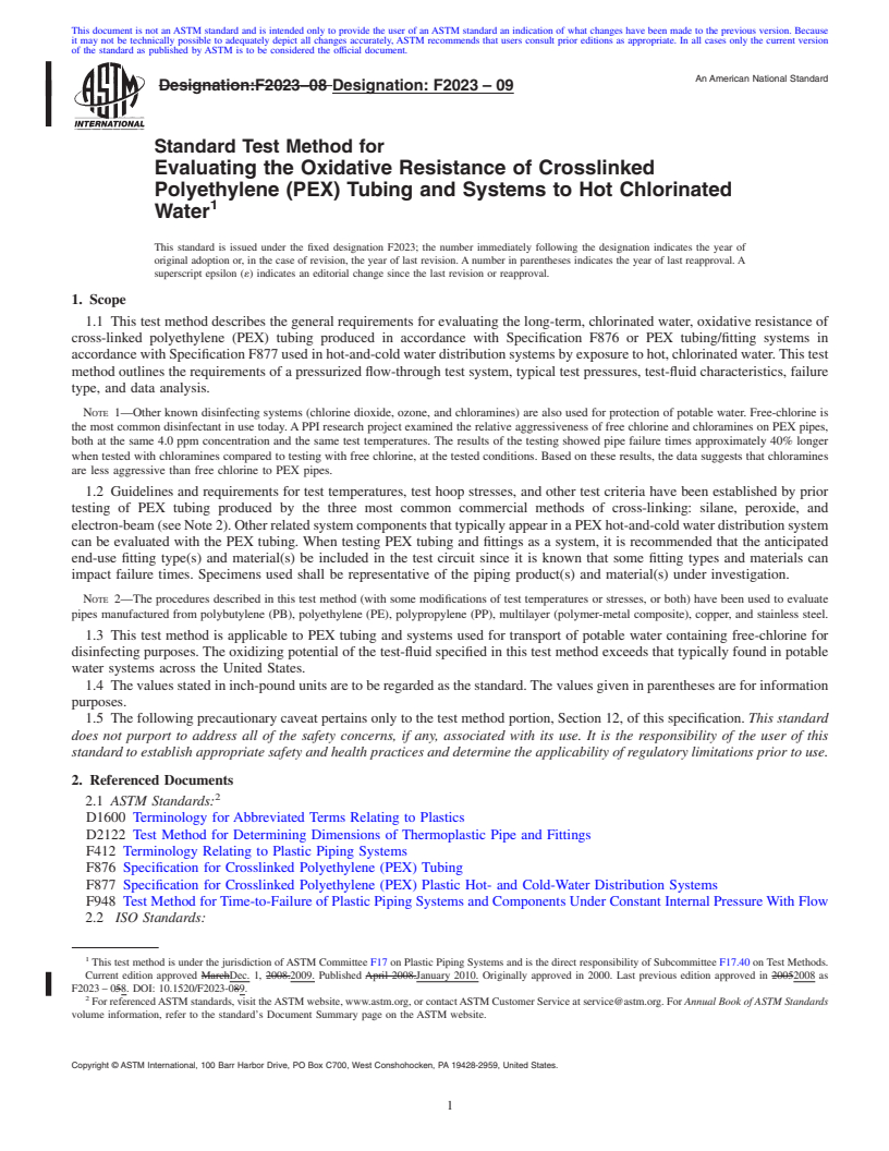 REDLINE ASTM F2023-09 - Standard Test Method for Evaluating the Oxidative Resistance of Crosslinked Polyethylene (PEX) Tubing and Systems to Hot Chlorinated Water